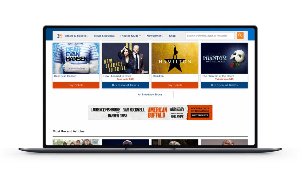 Desktop laptop mockup showing our main page of theatermania which has broadway shows and theater advertising